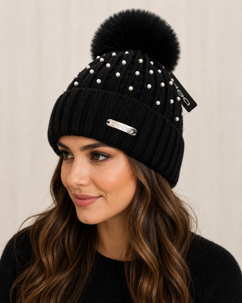 NWT Black Bebe Beanie with Faux Pearls